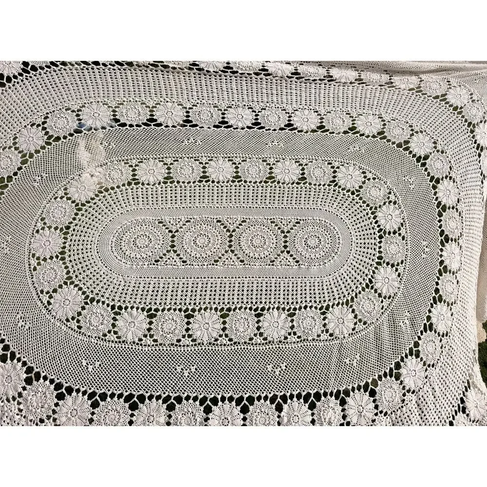 Vintage Handmade Crochet Lace Coverlet Throw Ecru Floral Roses Raised Crochet